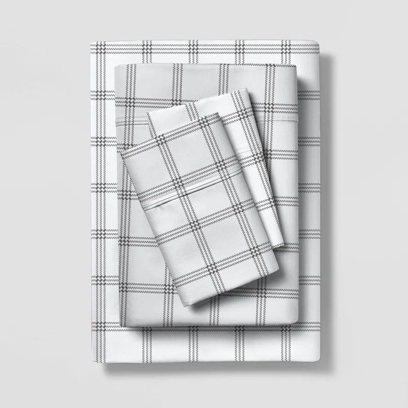 King Grey Checks Cotton Polyester Percale Sheet Set