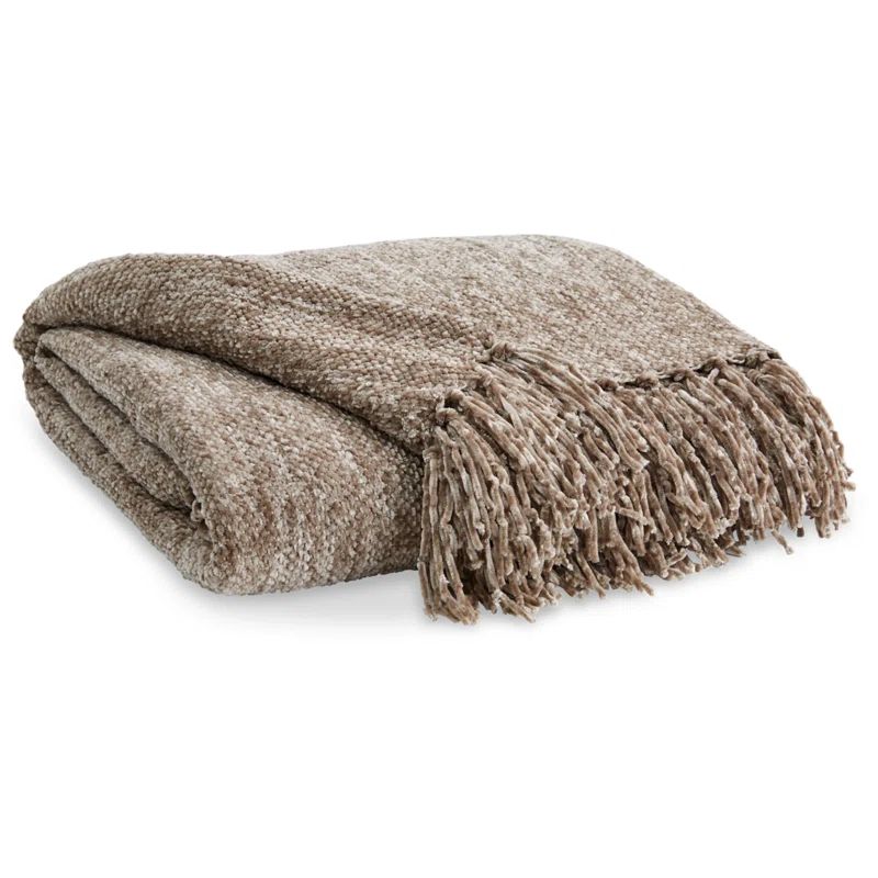 Tamish Taupe 60" x 50" Polyester Throw Blanket with Knotted Fringe