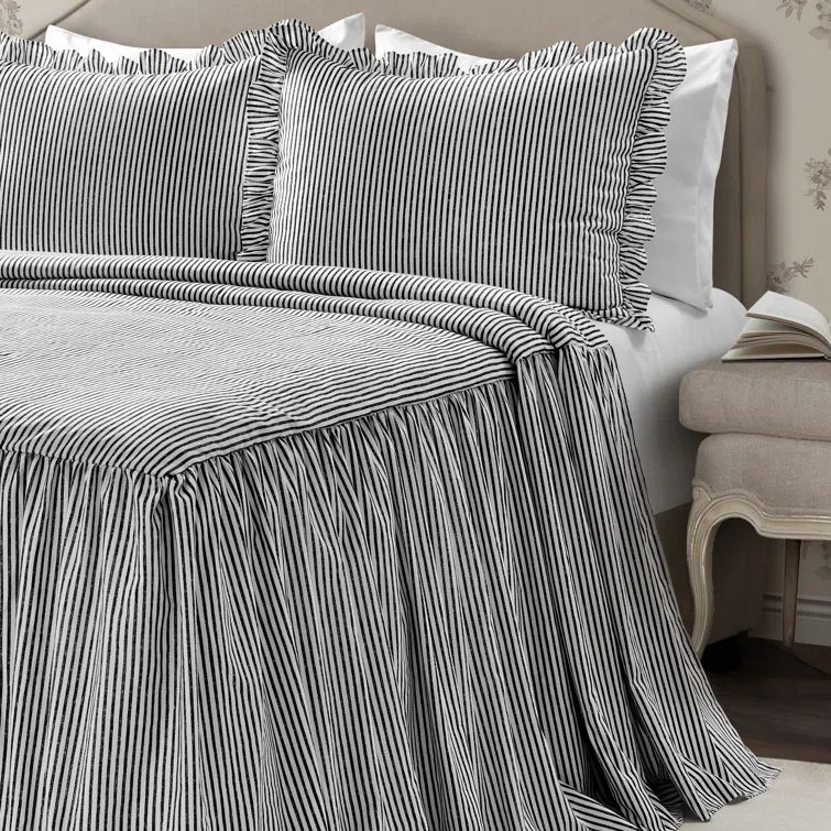 Elegant Black Ruffle-Edged Queen Bedspread Set with Pinstripes