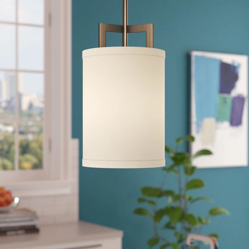 Brushed Bronze Mini Pendant with Off-White Linen Shade