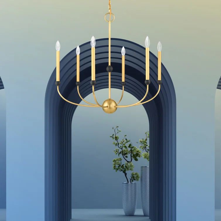 Mid-Century Modern 6-Light Chandelier in Natural Brass and Bronze