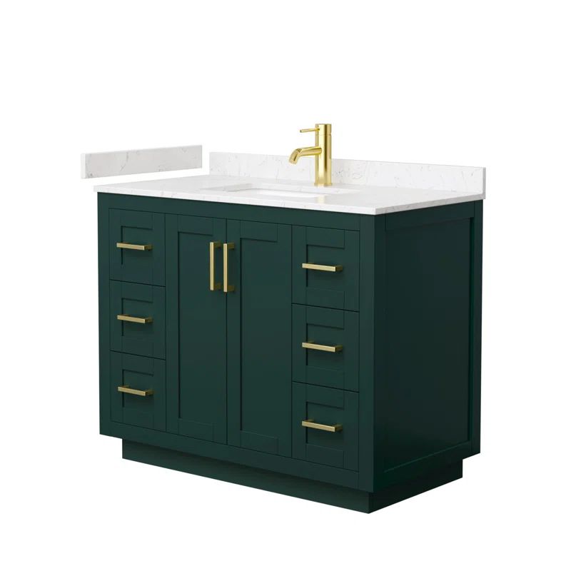 Miranda 42'' Green Single Freestanding Bathroom Vanity with White Carrara Marble Top and Brushed Gold Trim