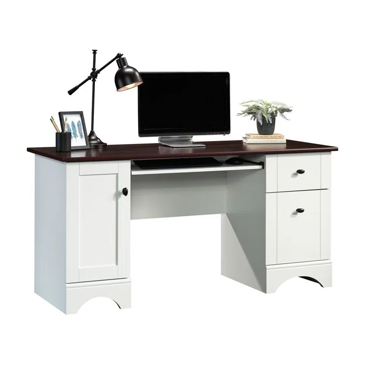 Soft White Multifunctional Computer Desk with Cherry Accent and Storage