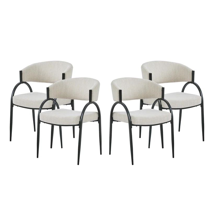 Beige Upholstered Arm Chairs with Metal Legs, Set of 4