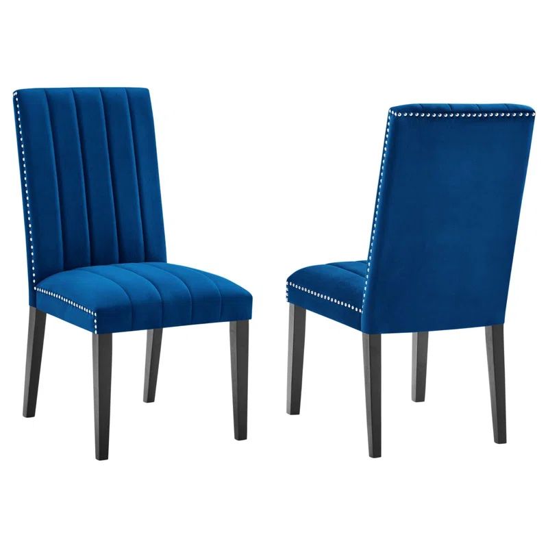 Navy Velvet Upholstered Parsons Side Chair with Wood Legs