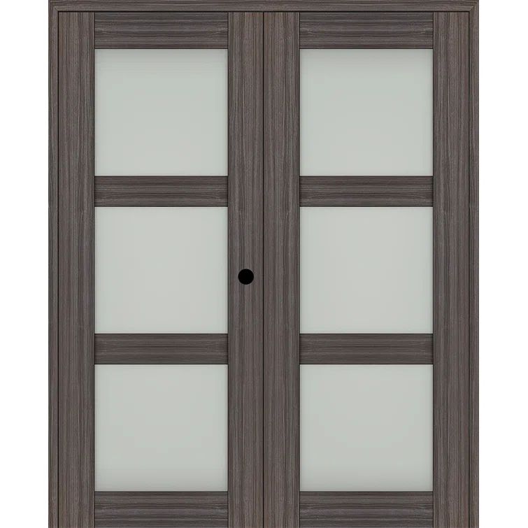 Gray Oak Composite Double Prehung Door with Frosted Glass Panels