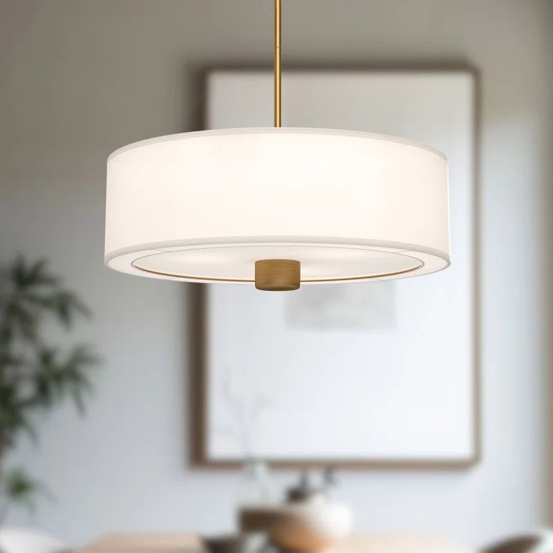 Theo 24" Matte Black and Aged Gold Drum Pendant with White Linen Shade