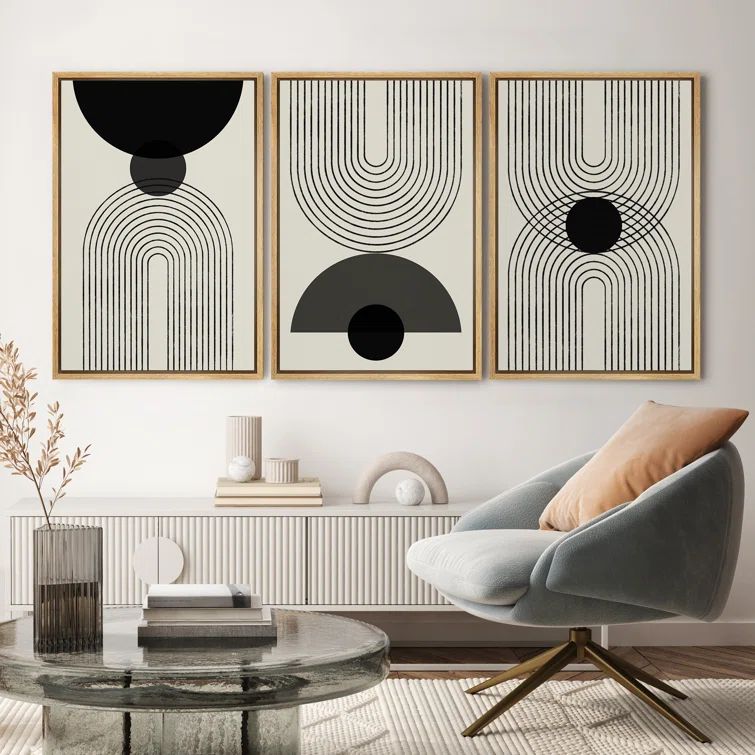 Natural Framed Geometric Abstract Canvas Wall Art Set