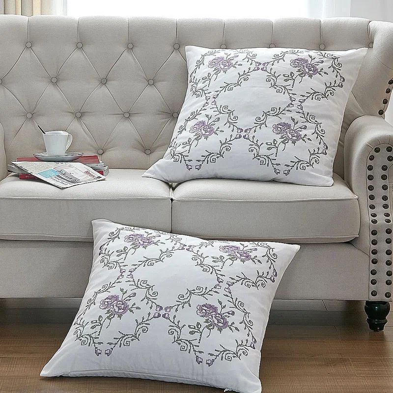 Lilac Floral Embroidered Euro Pillow Cover Set