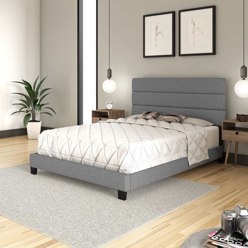 Ravenna Full Gray Linen Upholstered Platform Bed Frame with Tufted Headboard