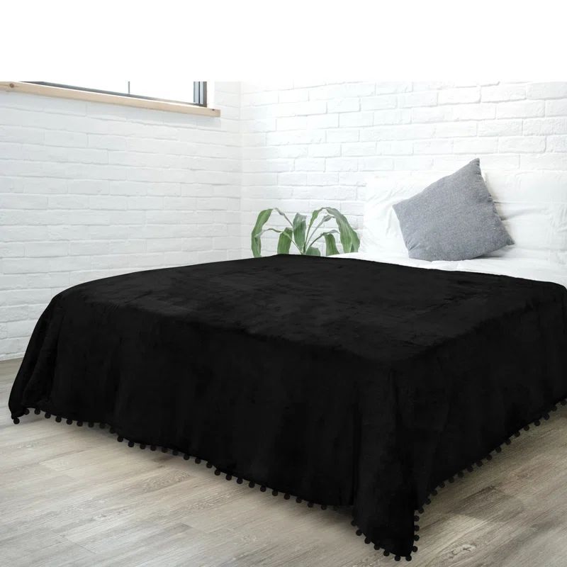 Black Fleece Pom Pom Fringe Throw Blanket