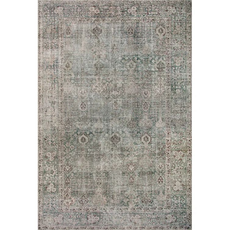 Emerald and Antique Ivory Rectangular Synthetic Area Rug