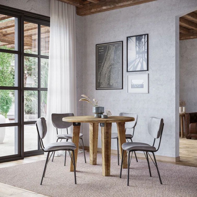 Rustic Reclaimed Wood Round Dining Set with Gray Upholstered Chairs