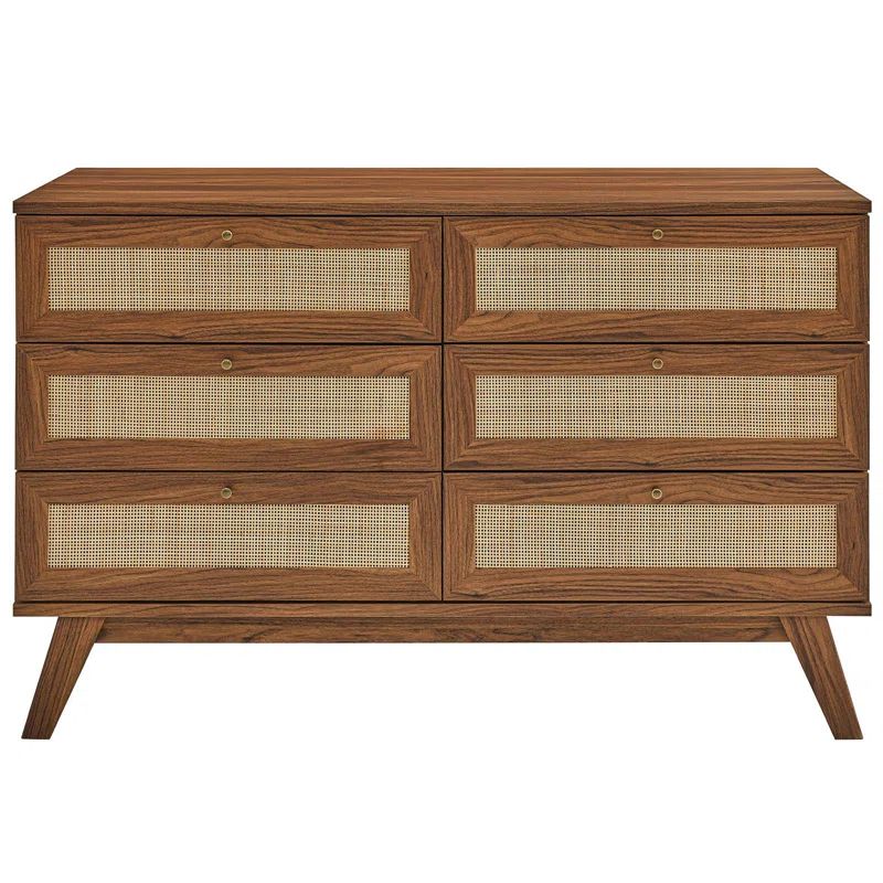 Walnut Double 6-Drawer Dresser with Rattan Weave