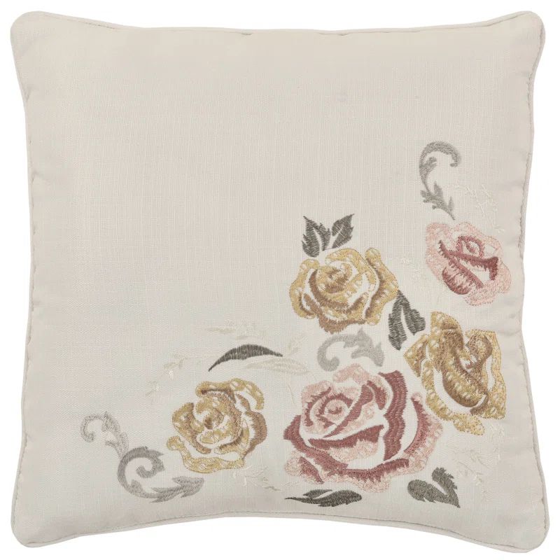 Ivory Floral Embroidered Square Decorative Throw Pillow