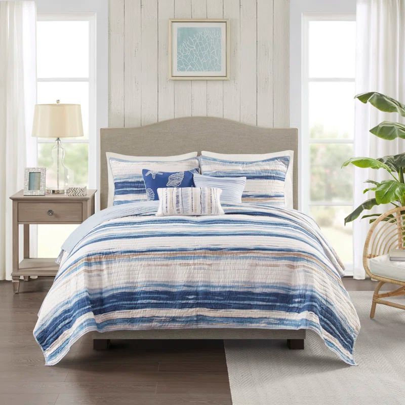 Nautical Blue Microfiber Reversible Full Quilt Set