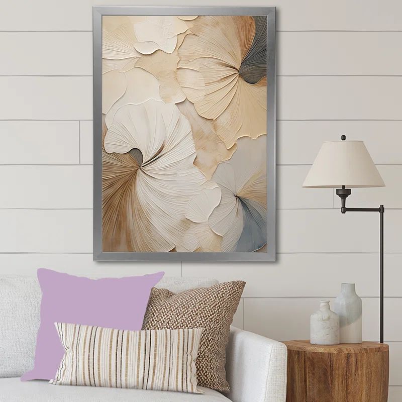 Beige and Gray Floral Canvas Print with Silver Frame