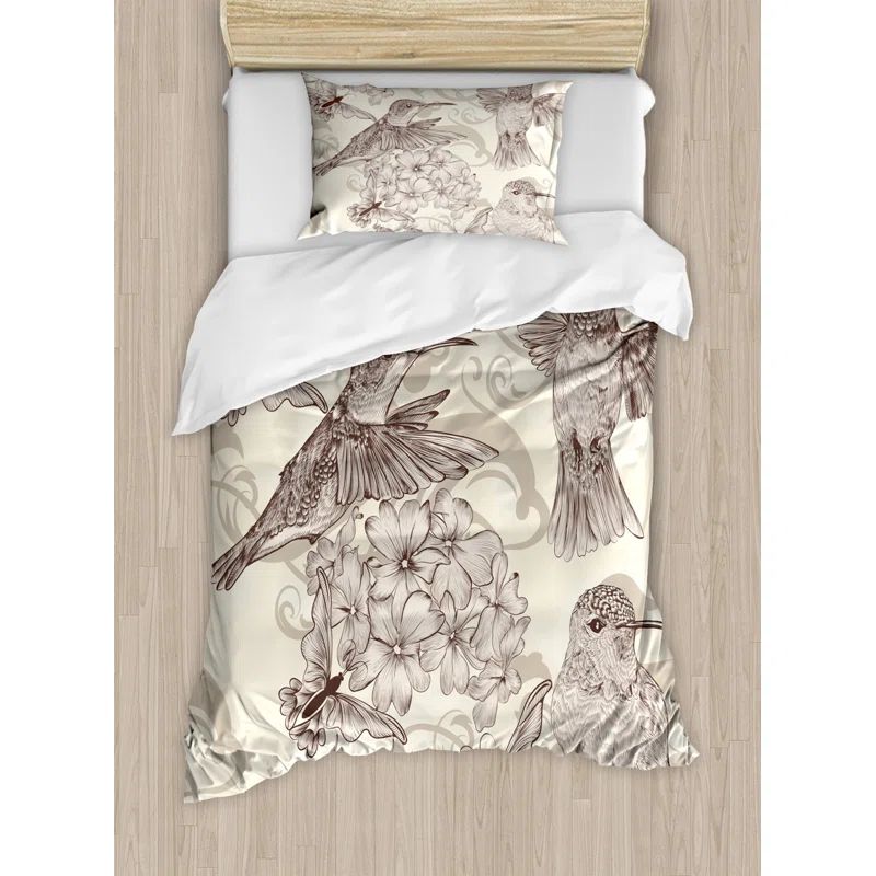 Twin Cream Beige Brown Hummingbird Floral Duvet Cover Set
