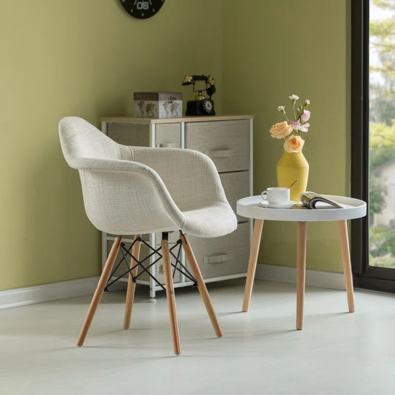 White Fabric Lined Armchair with Beech Wooden Legs