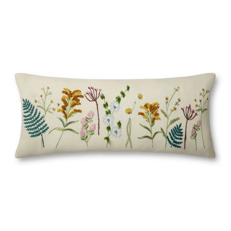 Cream Embroidered Wildflowers Lumbar Pillow with Polyester Fill