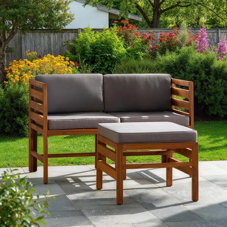 Modular Acacia Wood Outdoor Loveseat & Ottoman Set in Brown