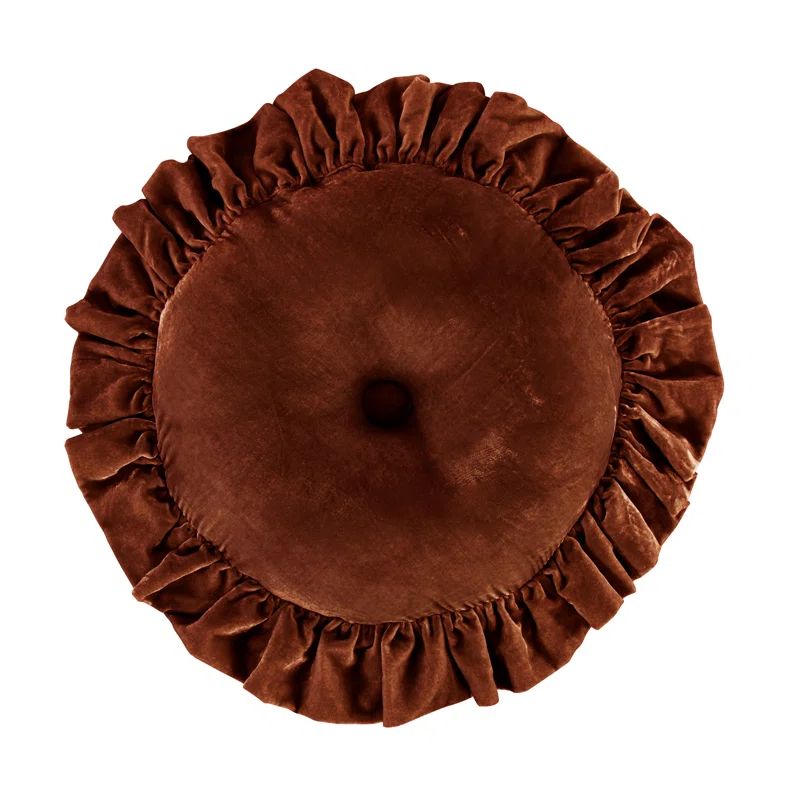 Copper Brown Velvet Ruffled Round Throw Pillow