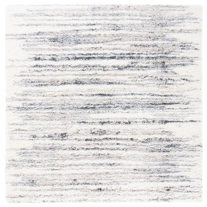 Ivory and Grey Square Shag Rug, 6'7" x 6'7", Synthetic
