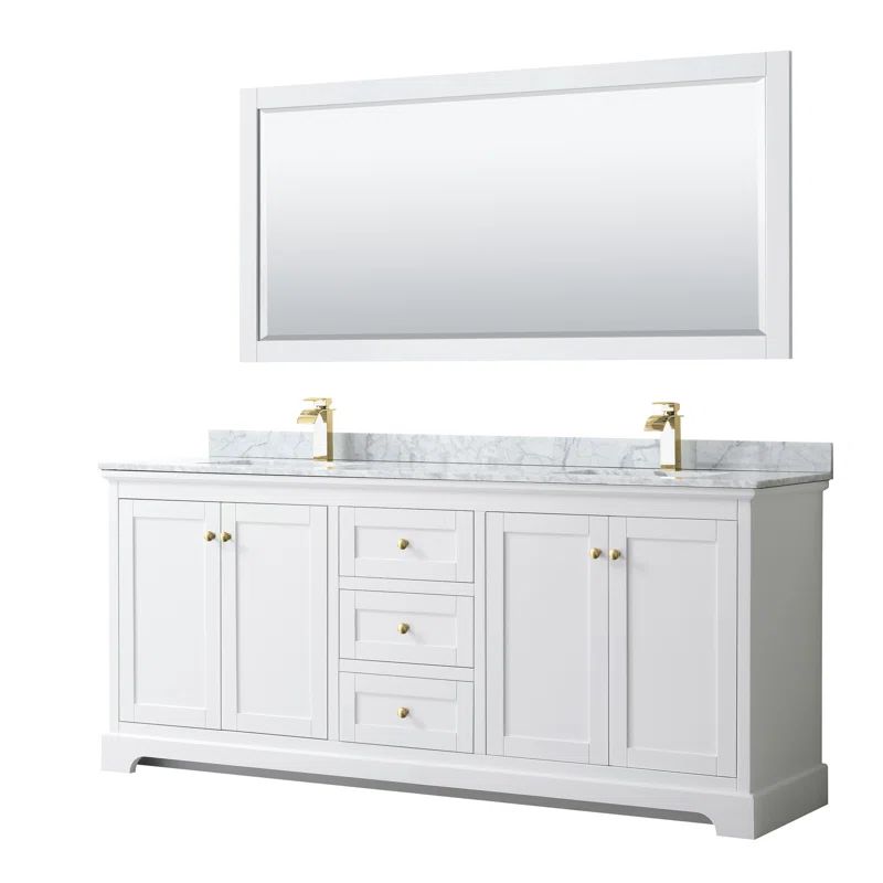 Avery 80'' White Double Bathroom Vanity with Carrara Marble Top & Brushed Gold Trim