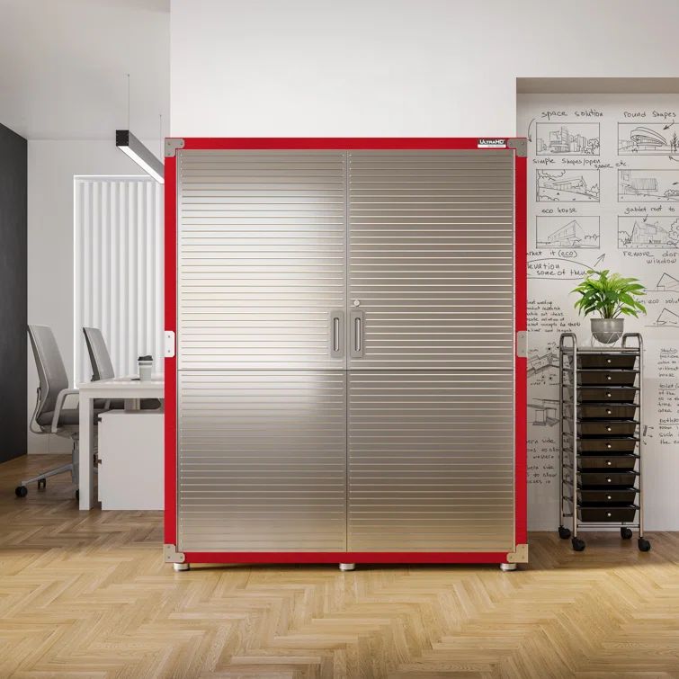 Red and Silver Lockable Extra-Wide Storage Cabinet with Adjustable Shelving