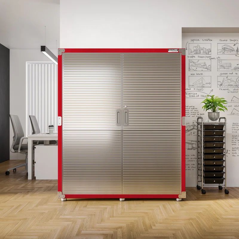 Red and Silver Lockable Extra-Wide Storage Cabinet with Adjustable Shelving