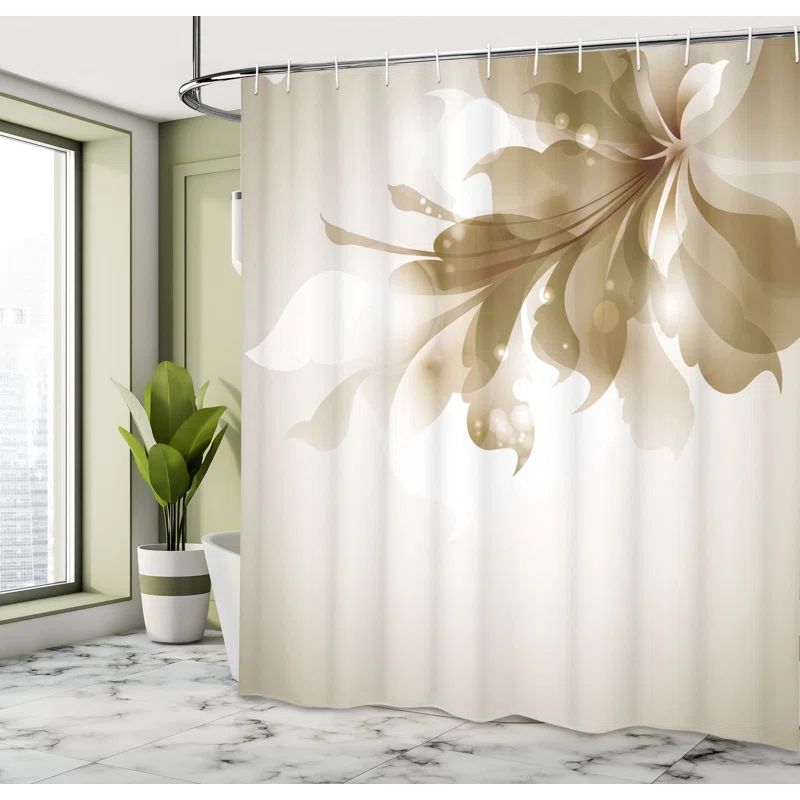 Dark Tan Floral Fabric Shower Curtain with Hooks, 69" x 75"