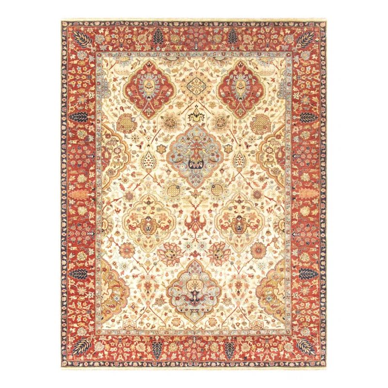 Elegant Ivory Wool 9' x 12' Hand-Knotted Rectangular Area Rug