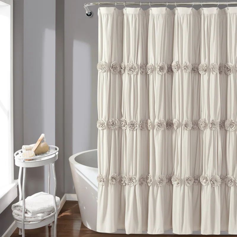 Neutral Polyester Floral Ruffled Shower Curtain, 72" x 72"