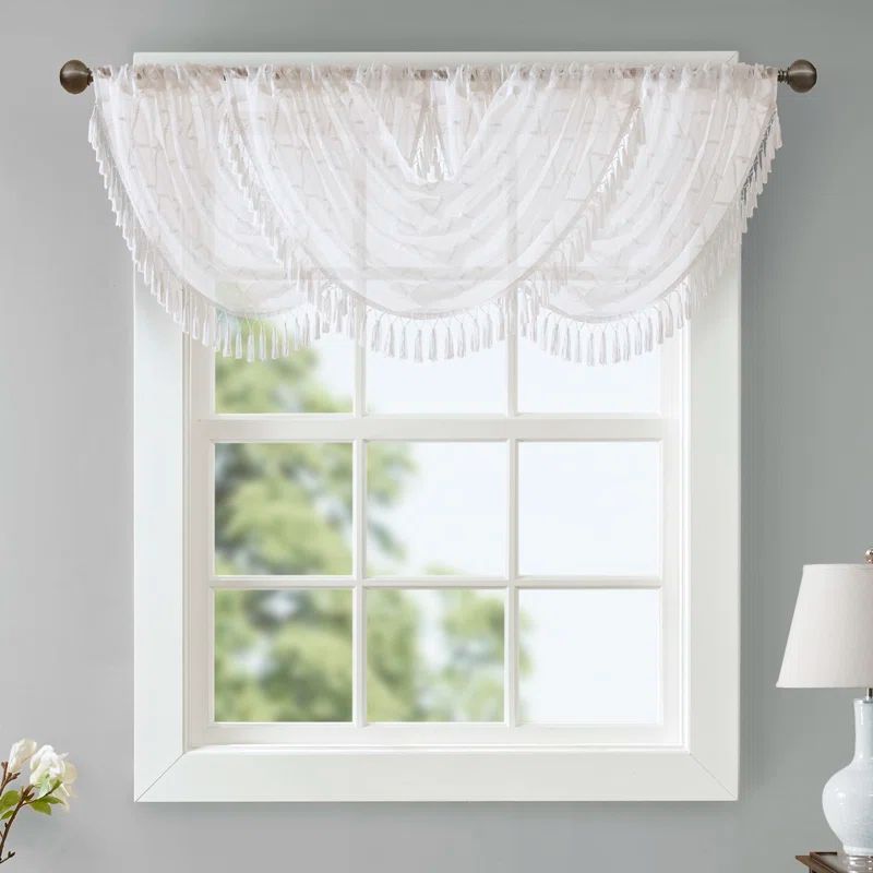 White Sheer Embroidered Waterfall Valance with Tassels