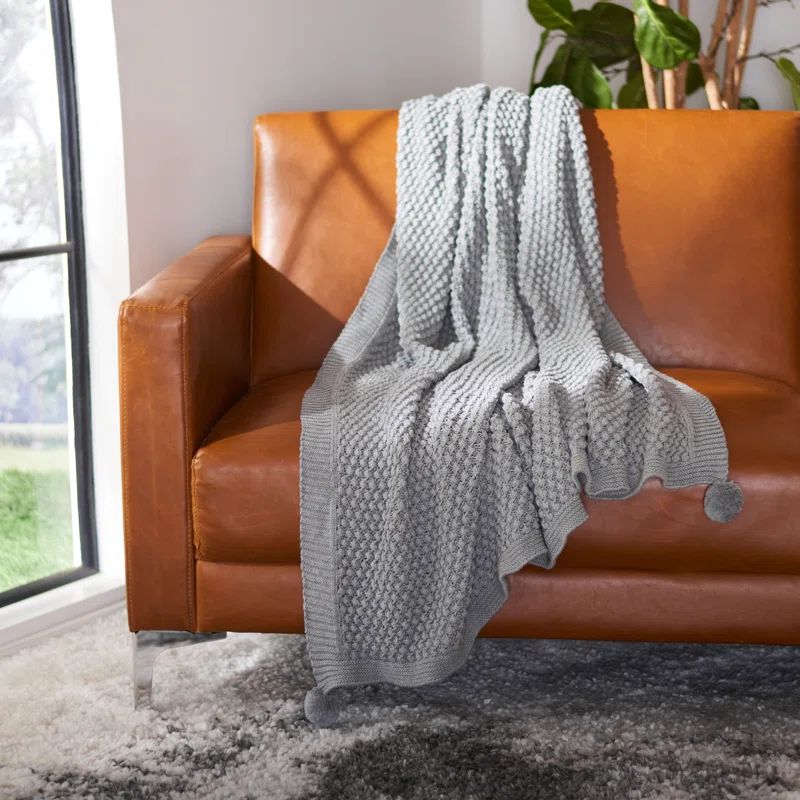 Ultra-Soft Grey Knitted Cotton Throw with Pom Pom Details