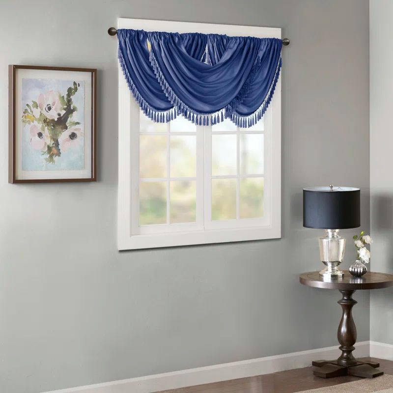 Navy Faux Silk Waterfall Valance with Tassel Trim