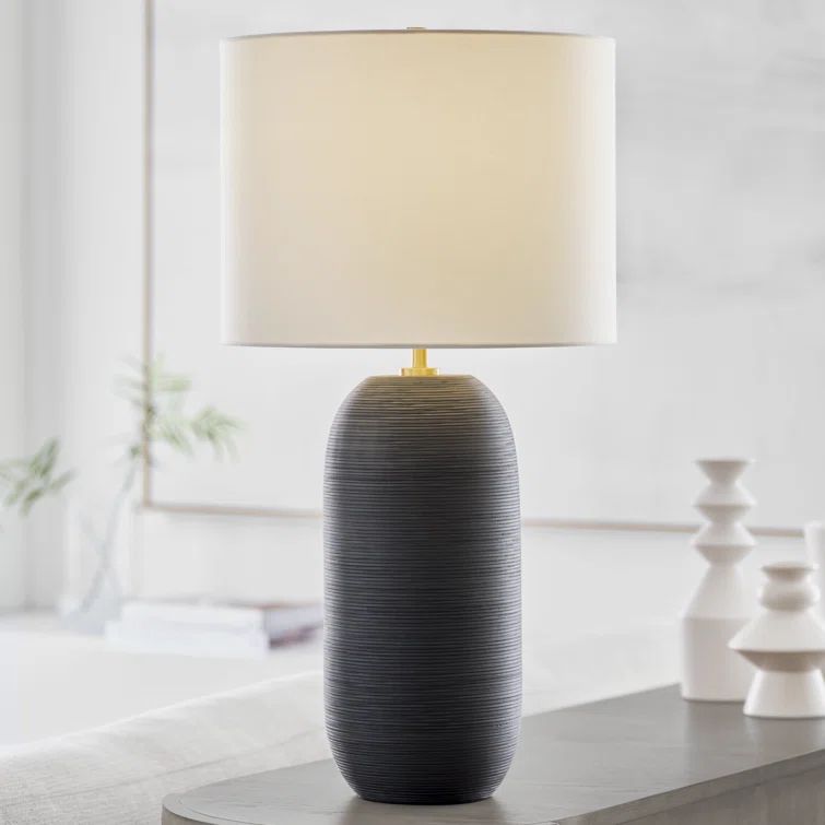 Rough Black Ceramic Table Lamp with White Linen Shade