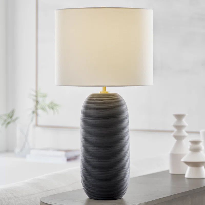 Rough Black Ceramic Table Lamp with White Linen Shade