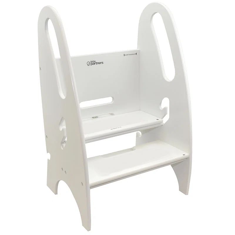 Adjustable Soft White Birchwood Toddler Step Stool with Safety Railings