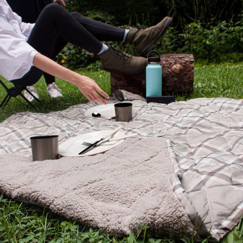 Taupe Plaid Sherpa Reversible Water Resistant Outdoor Throw Blanket