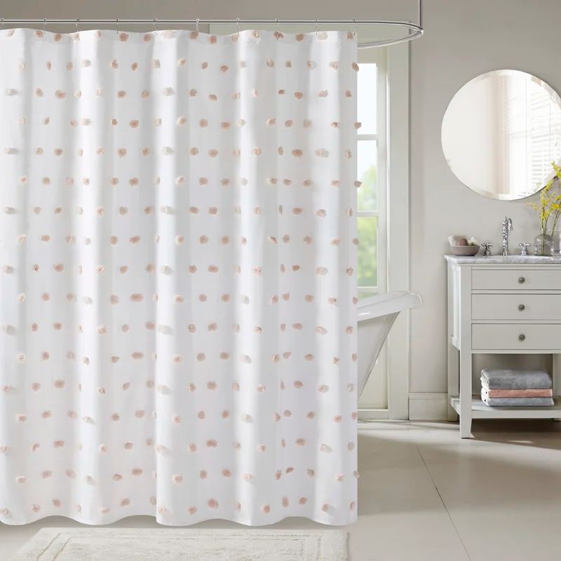 White Polyester Shower Curtain with Blush Pom Poms