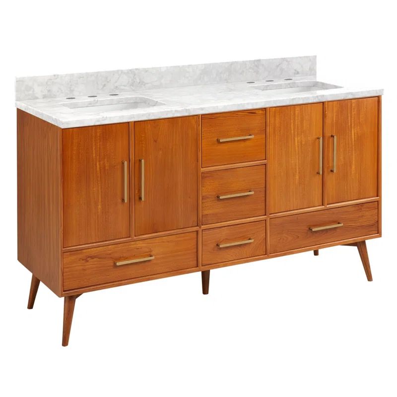 60" Natural Teak Double Bathroom Vanity with Carrara Marble Top