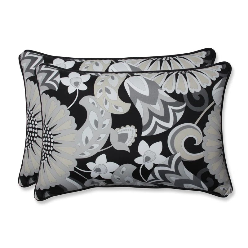 Sophia Black and Gray Floral Rectangular Outdoor Throw Pillow Set
