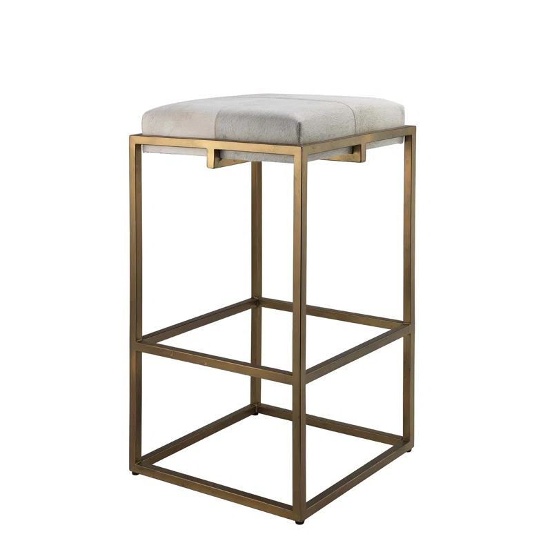 Art Deco Antique Brass Bar Stool with White Hide Cushion