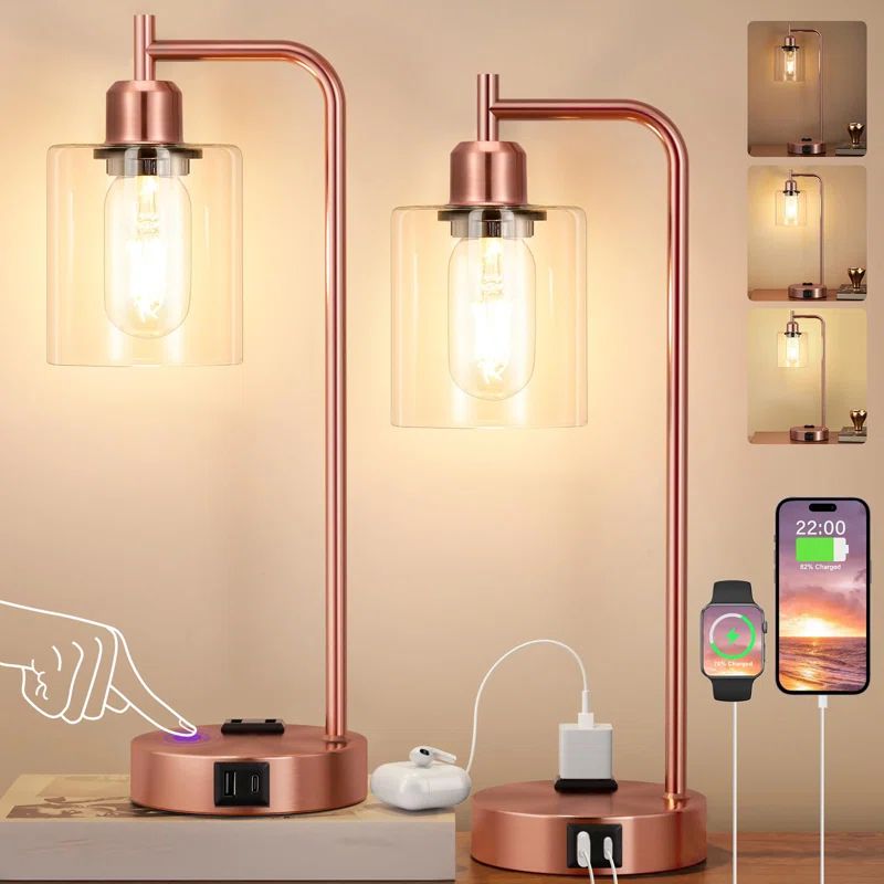 Copper Industrial Touch Table Lamps Set with Clear Glass Shade