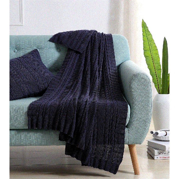Navy Cotton Cable Knit Machine Washable Throw Blanket