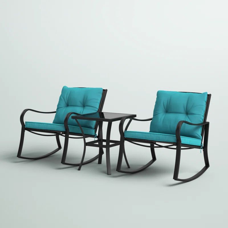 Aqua Blue Metal 3-Piece Outdoor Rocking Chair Set with Cushions