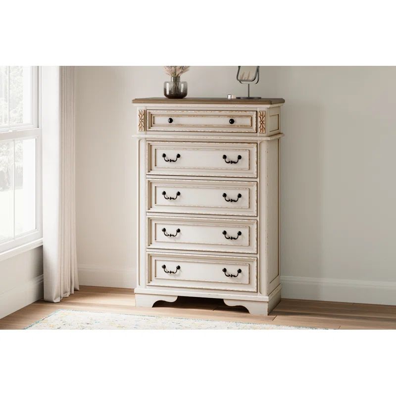 Charming Cottage White 5-Drawer Chest with Distressed Wood Top