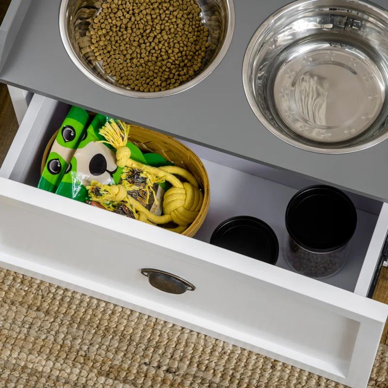 Swan White and Pewter Gray Elevated Dog Feeding Station with Stainless Steel Bowls