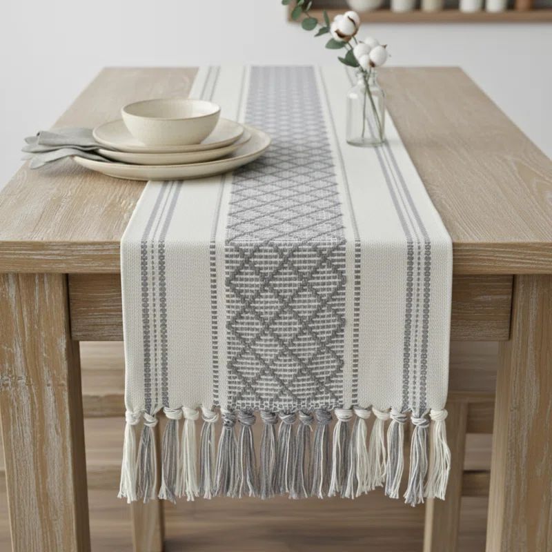 Gray and Off-White Cotton Boho Table Runner with Tassels
